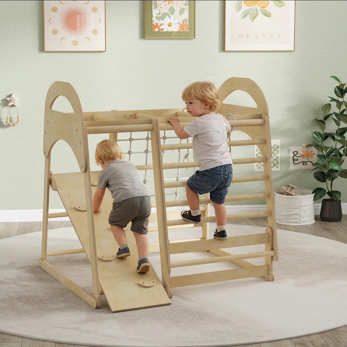 6in1 Montessori Klettergerüst Kinder Indoor mit Rutsche & Kletternetz Holz Spielgerät