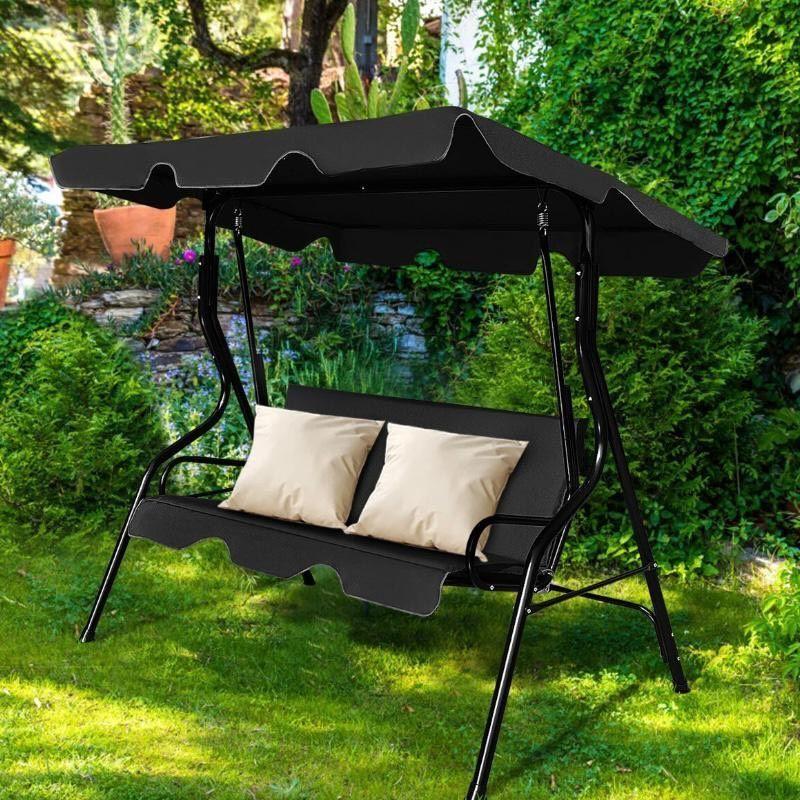 Hollywoodschaukel 3-Sitzer Gartenschaukel mit Dach Schwarz