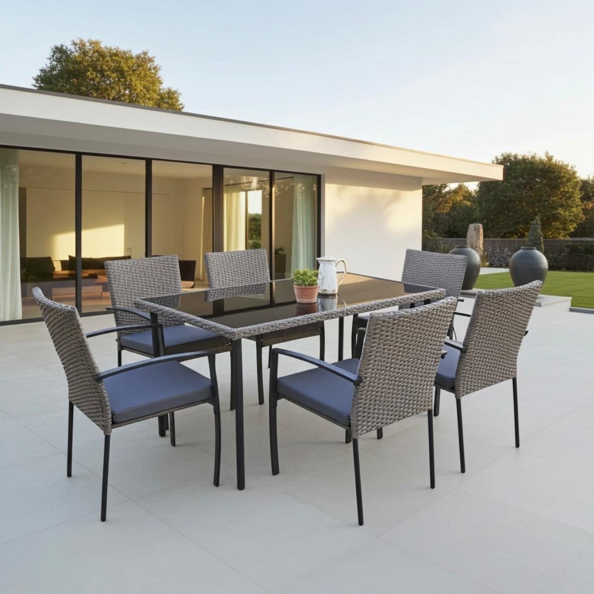 Gartenmöbel Essgruppe 6 Personen Polyrattan inkl. Tisch & Kissen