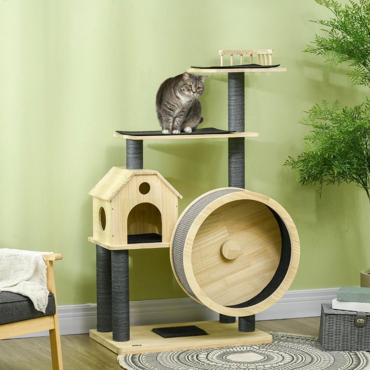 Kratzbaum mit Laufrad Katzenbaum aus Holz mit Katzenhöhle & Plattformen