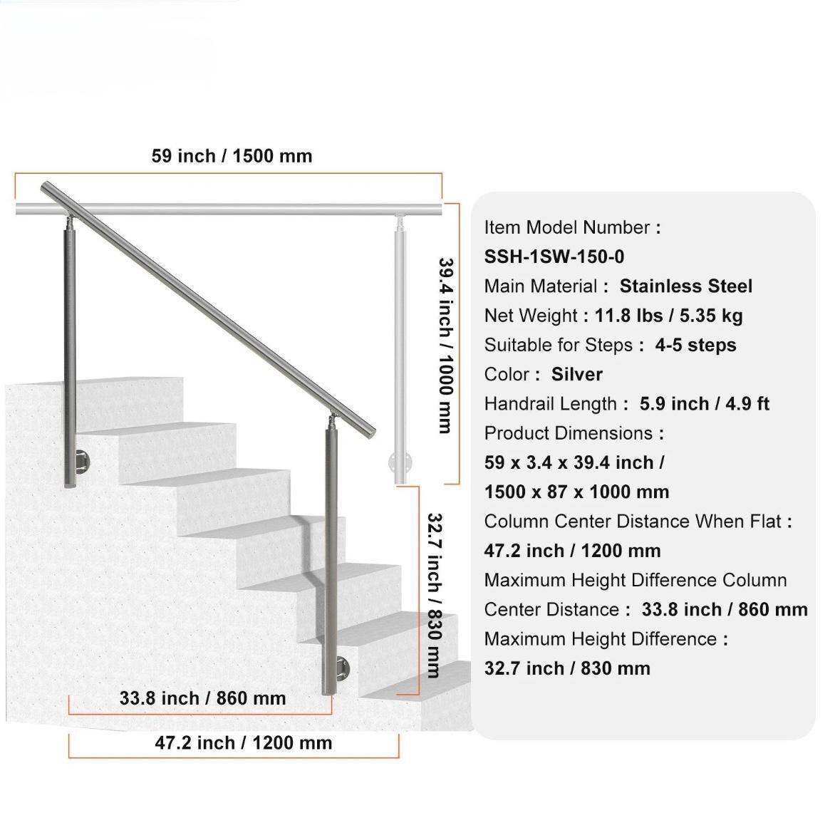 Edelstahl Treppengeländer 150cm verstellbar