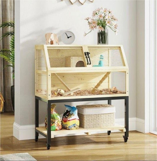 Hamsterkäfig Holz 2 Ebenen Kleintierkäfig mit Rollen Zubehör