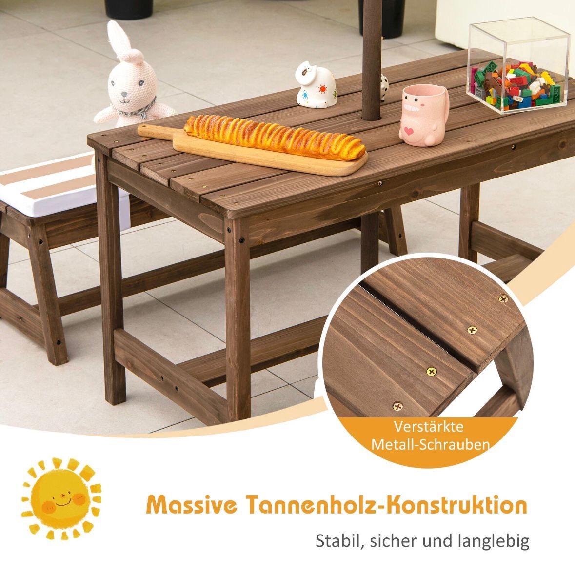 Kinder Picknicktisch Set aus Holz mit Sonnenschirm & Sitzkissen