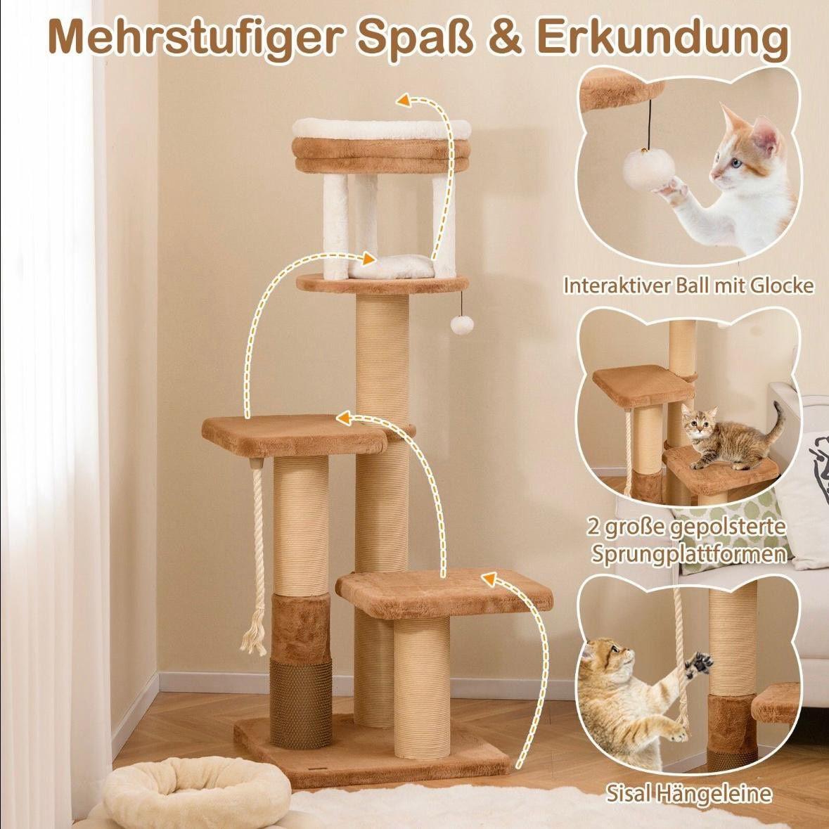 Kratzbaum aus Holz mit gepolsterten Liegeflächen & Katzenbett 164 cm