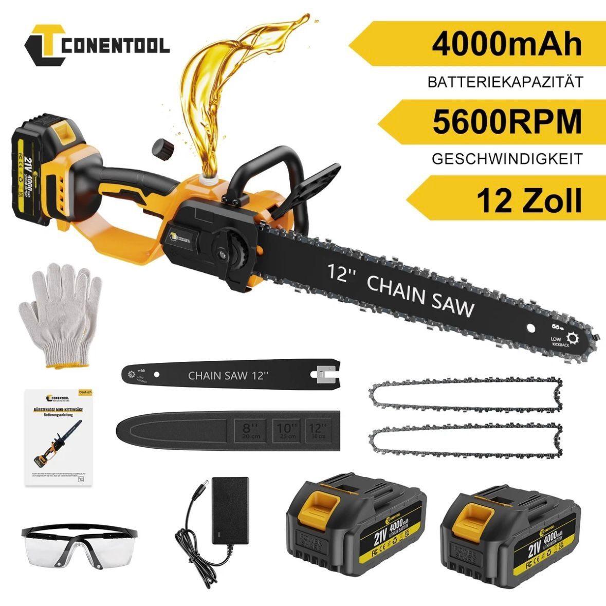 Akku-Kettensäge 12 Zoll 1000W Brushless mit 2 Akkus