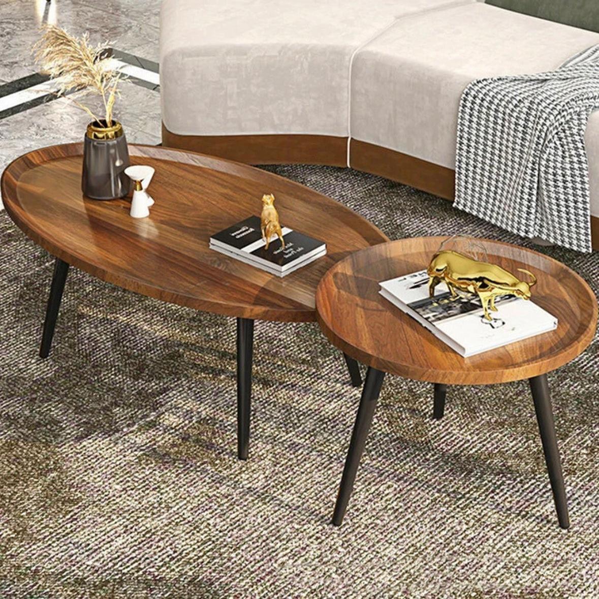 Couchtisch-Set Nussbaumholz 2er Set mit Metallbeinen