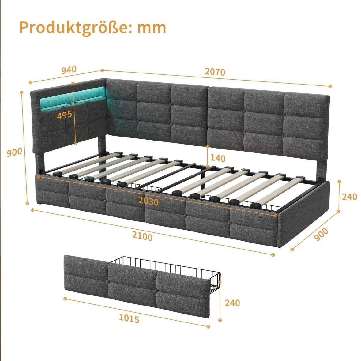 Polsterbett Grau mit LED USB & Schubladen 90x200cm