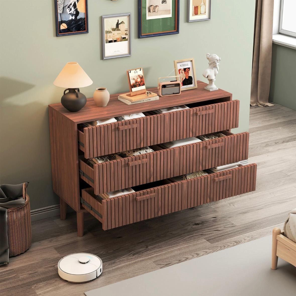 Kommode 6 Schubladen Nussbaum-Optik Rattan-Elementen & Metallgriffen