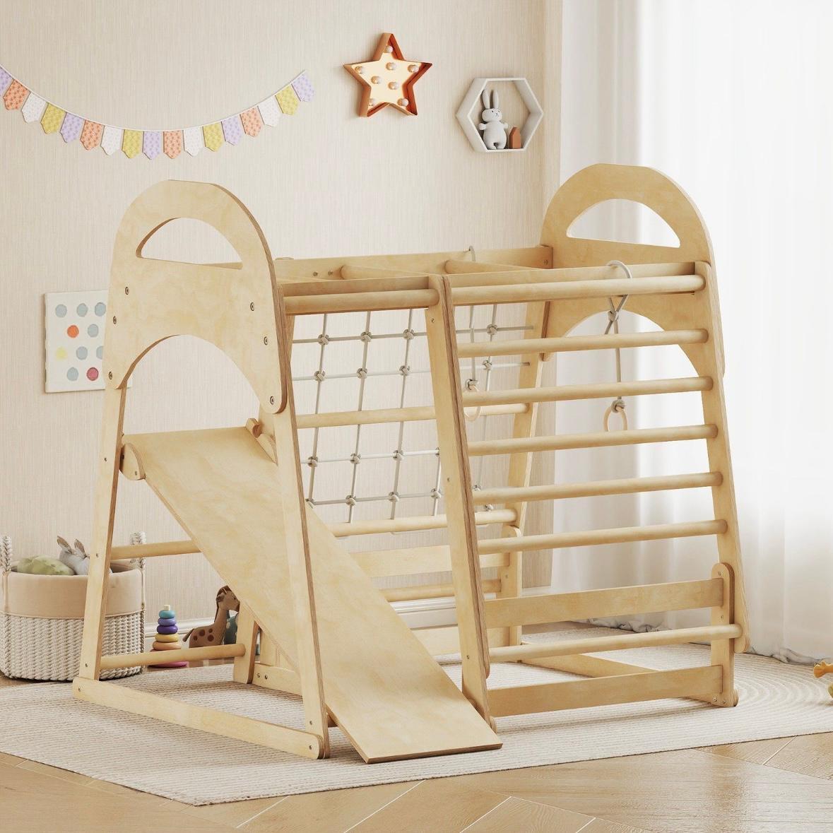 6in1 Montessori Klettergerüst Kinder Indoor mit Rutsche & Kletternetz Holz Spielgerät