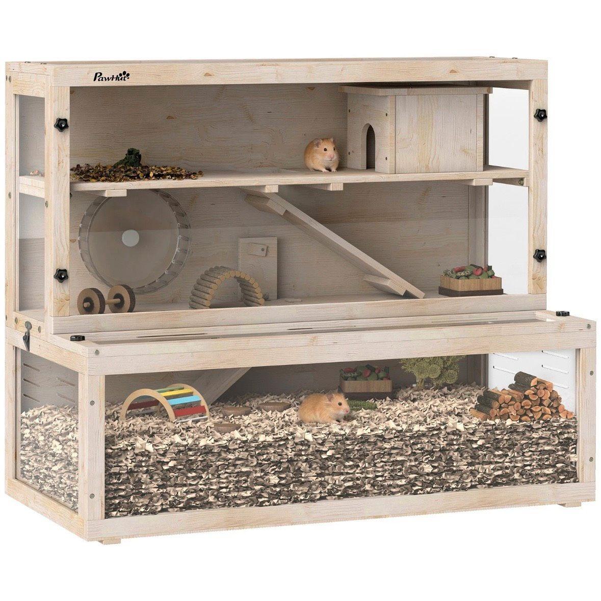 Hamsterkäfig Holz 3 Ebenen Kleintierkäfig mit Laufrad