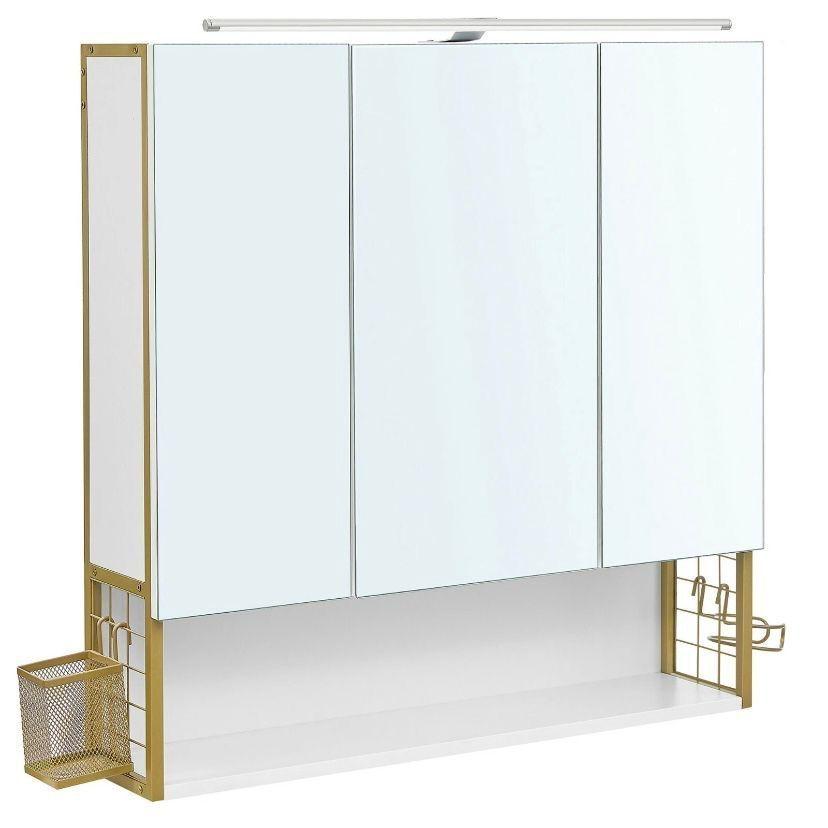 Badschrank mit LED & Spiegel Weiß Gold Wandschrank Badezimmer mit Stauraum
