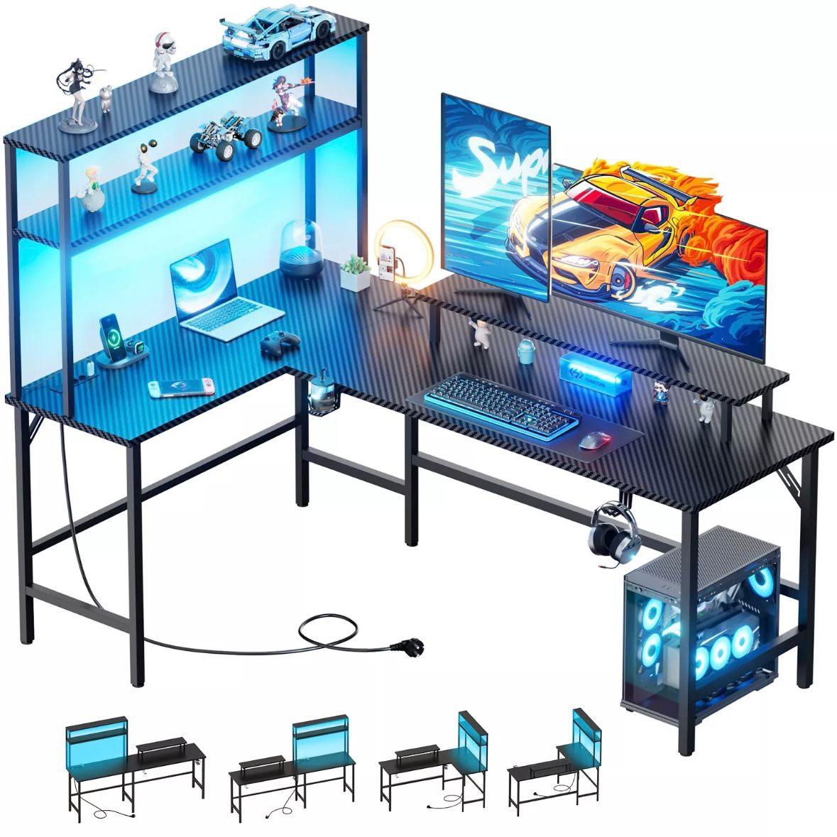 Gaming Schreibtisch L Form LED Steckdose