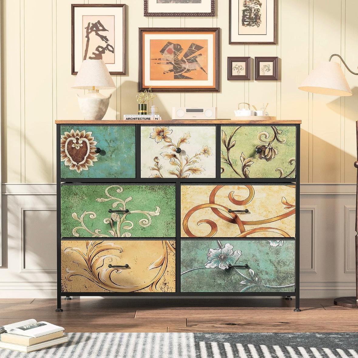 Kommode mit 7 Schubladen im Vintage-Design Stoffoptik & Metallrahmen