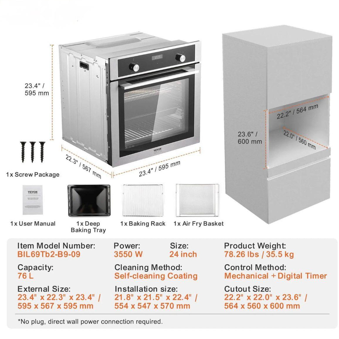 Elektrischer Einbau-Backofen 76L  3550W 9 Programme