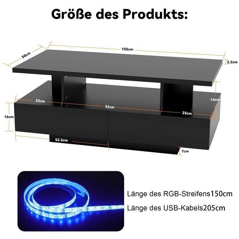LED Couchtisch Schwarz Wohnzimmertisch mit Schubladen