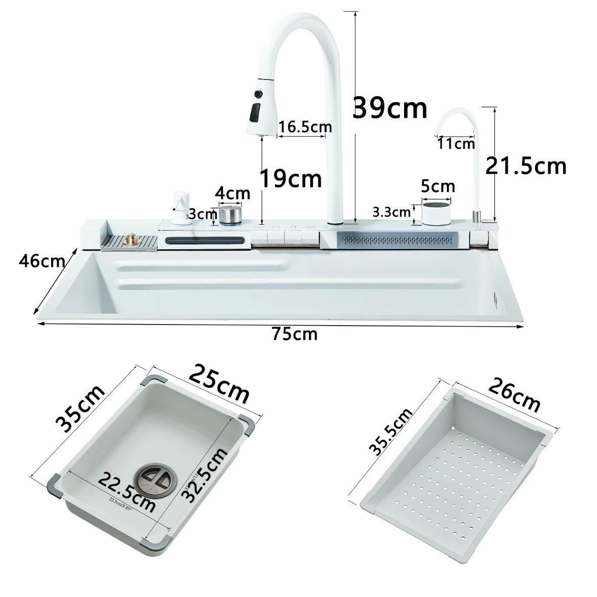 Edelstahl Küchenspüle Weiß mit LED & Wasserfall-Armatur