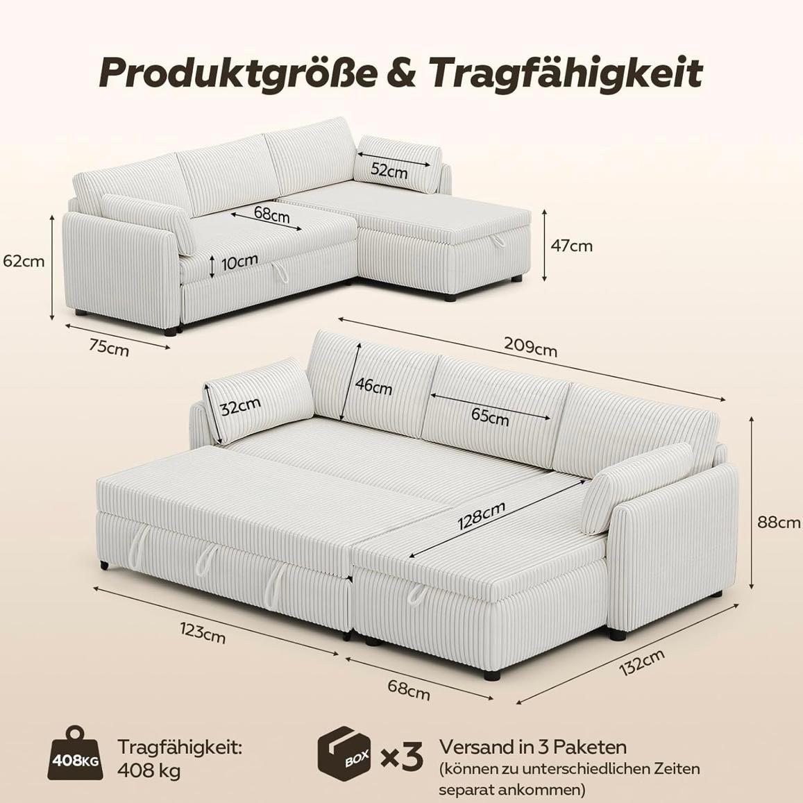 Modernes Eck-Schlafsofa mit Schlaffunktion & Stauraum Cord