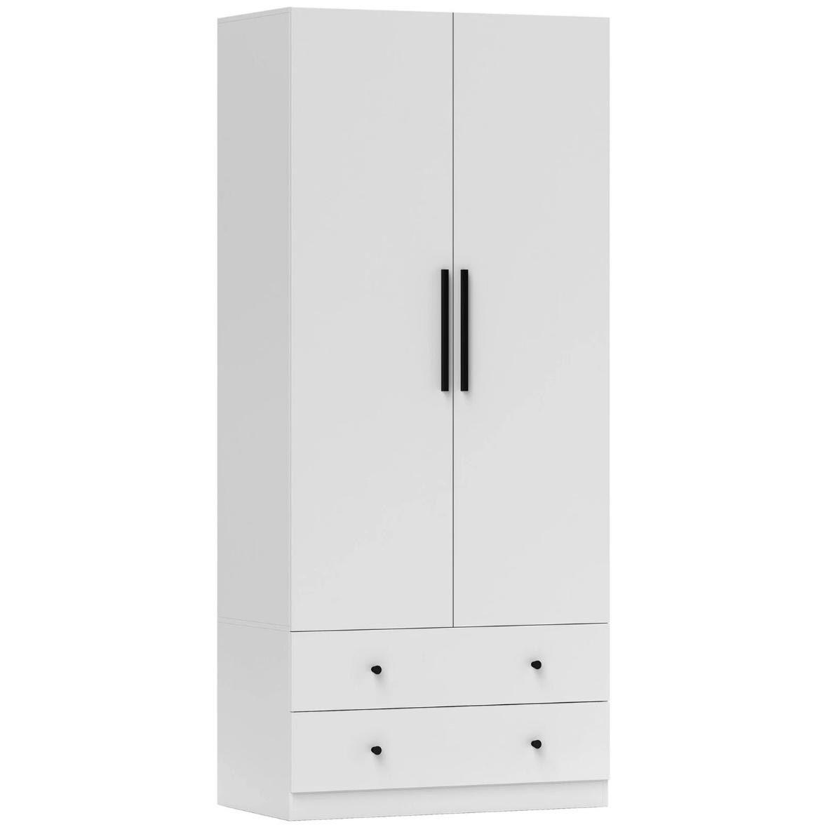 Moderner Kleiderschrank Weiß mit Schubladen & Kleiderstange