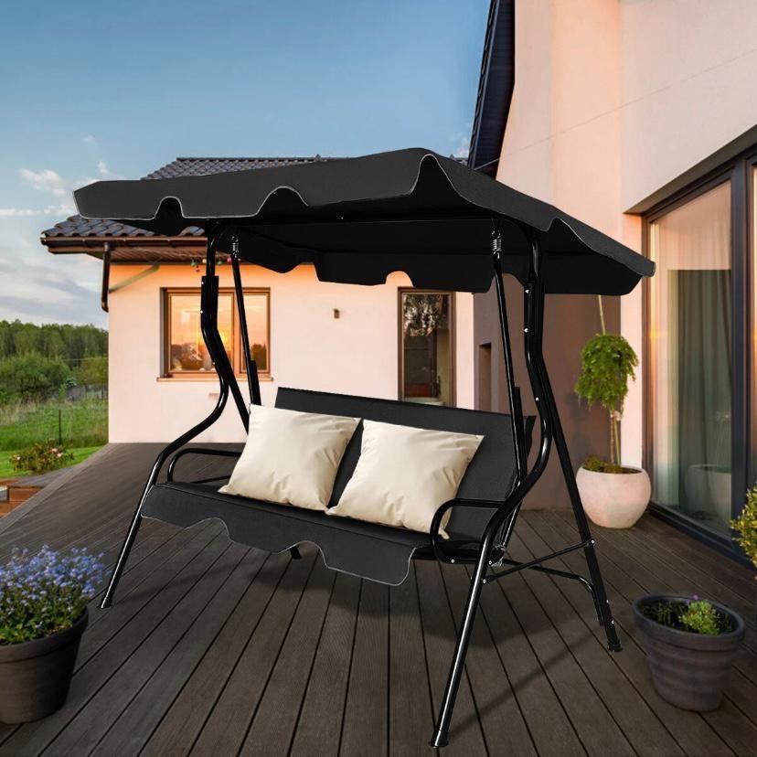 Hollywoodschaukel 3-Sitzer Gartenschaukel mit Dach Schwarz