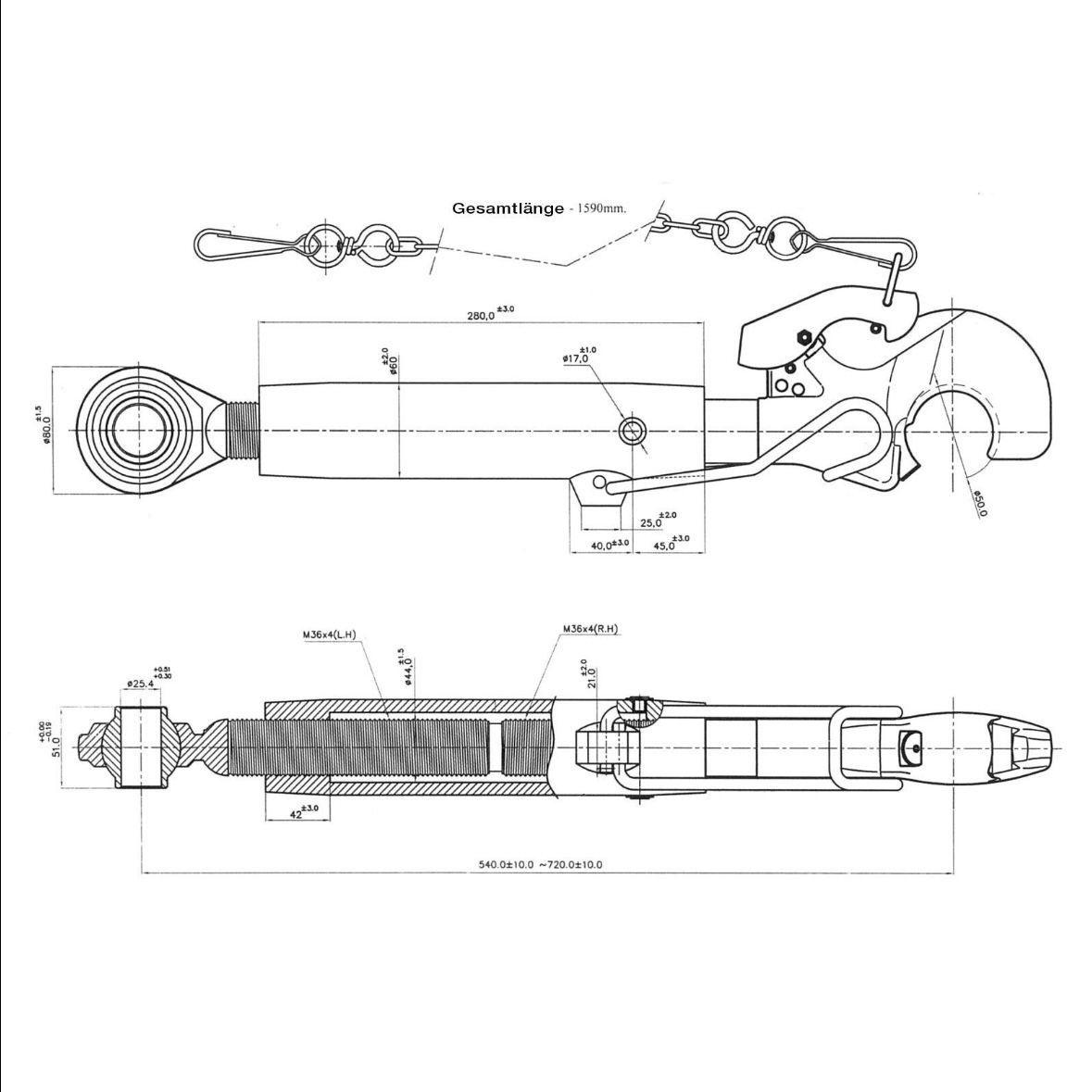Traktor Oberlenker Kat. II mit Fanghaken & Steuerkette
