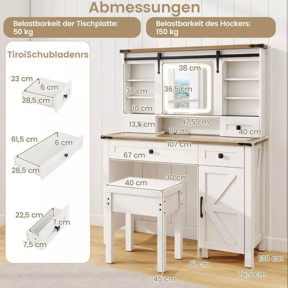 Schminktisch LED Spiegel Frisiertisch mit Hocker Weiß