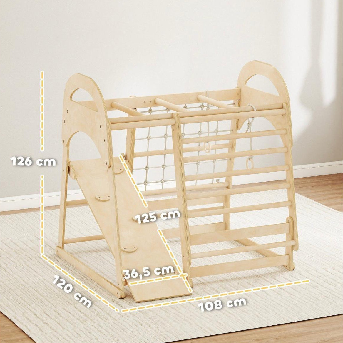 6in1 Montessori Klettergerüst Kinder Indoor mit Rutsche & Kletternetz Holz Spielgerät