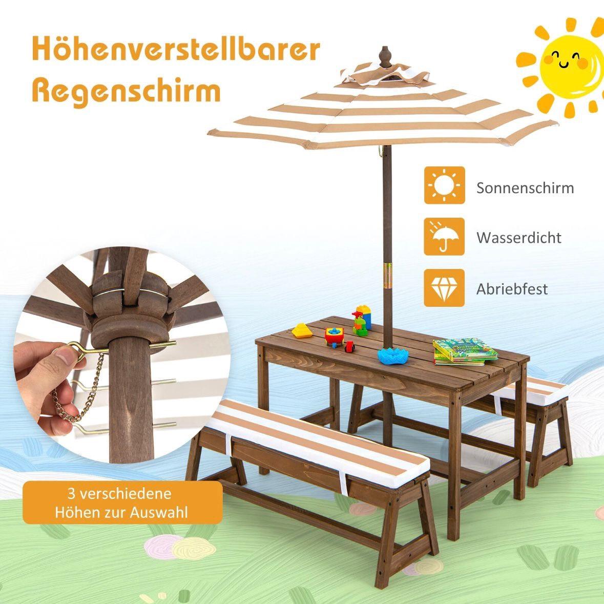 Kinder Picknicktisch Set aus Holz mit Sonnenschirm & Sitzkissen