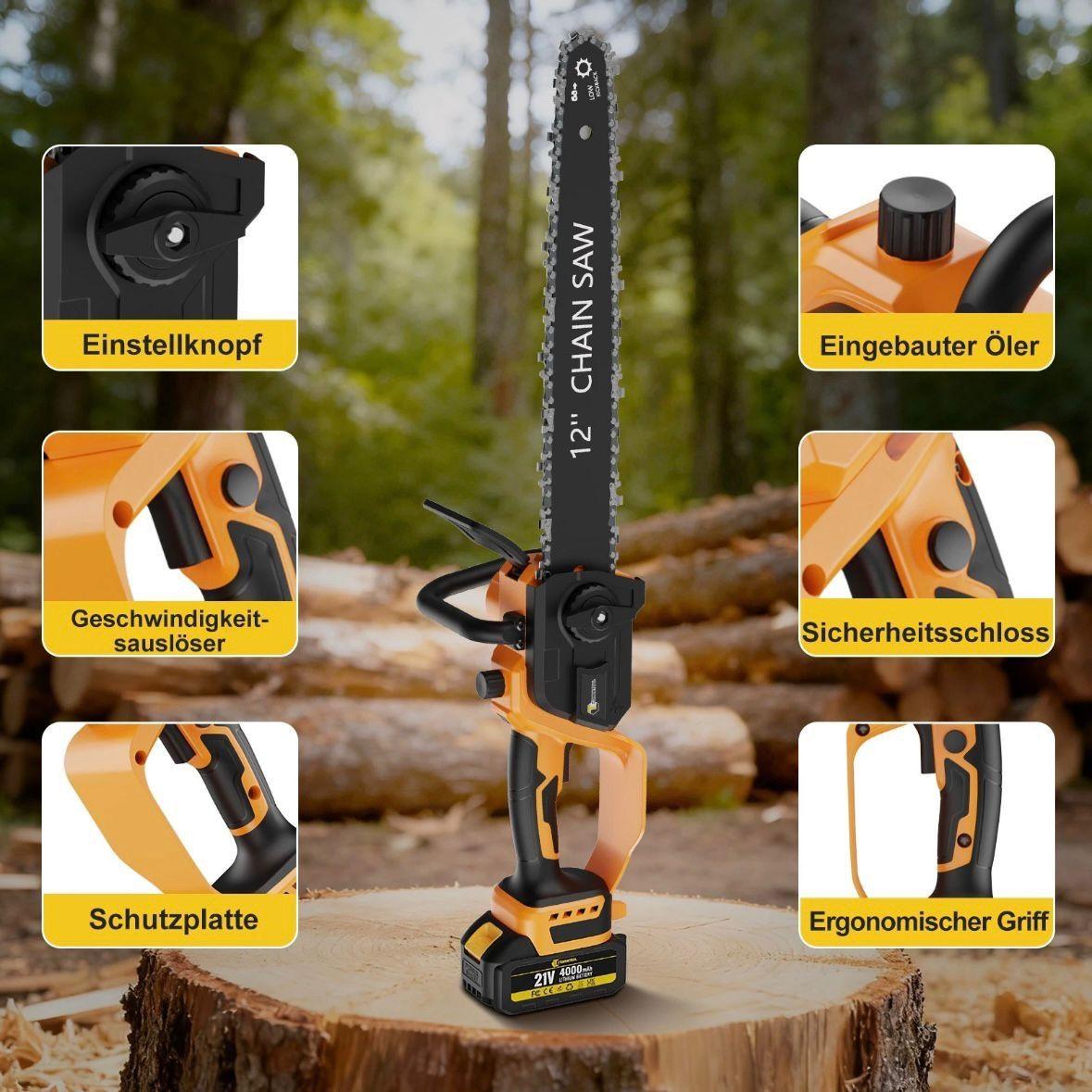 Akku-Kettensäge 12 Zoll 1000W Brushless mit 2 Akkus