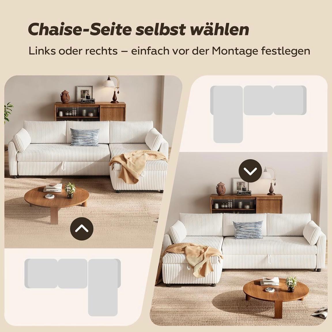 Modernes Eck-Schlafsofa mit Schlaffunktion & Stauraum Cord
