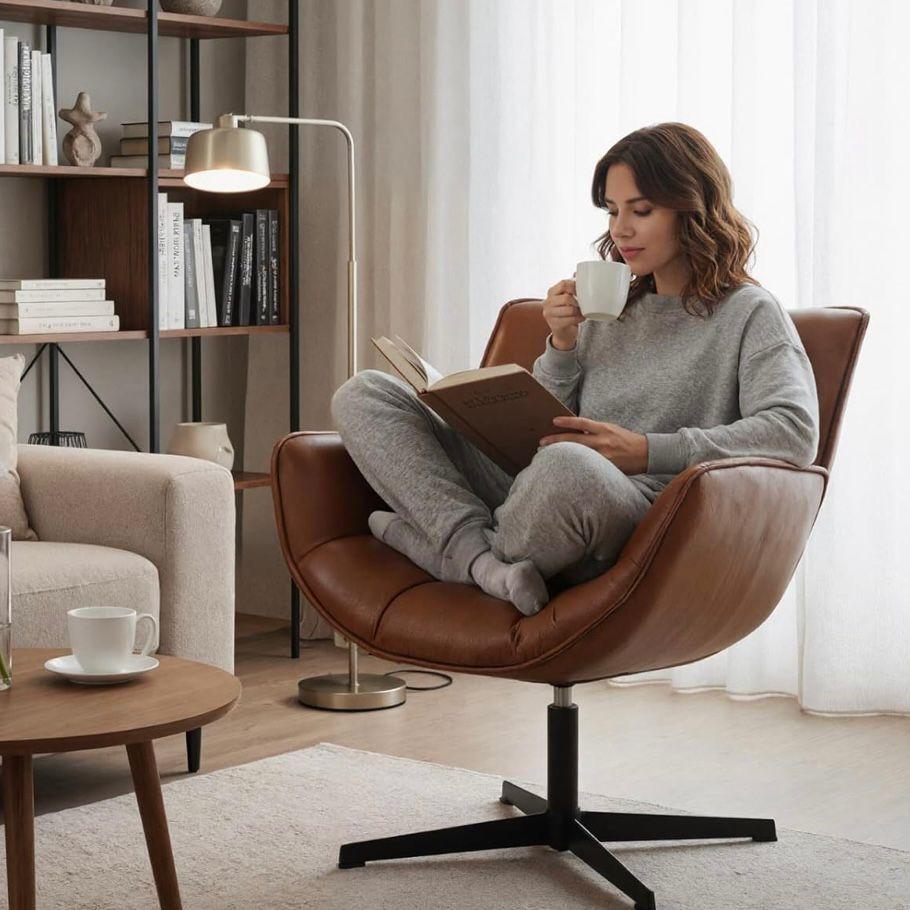Loungesessel Vintage Braun Kunstleder Drehbar Metallgestell