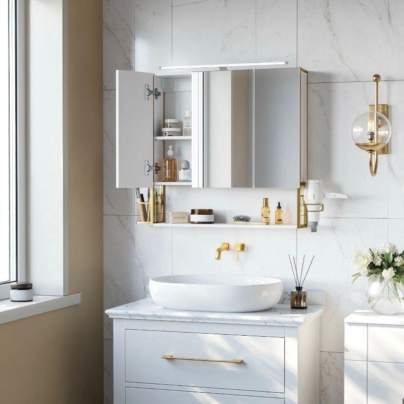 Badschrank mit LED & Spiegel Weiß Gold Wandschrank Badezimmer mit Stauraum