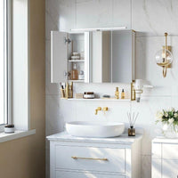 Badschrank mit LED & Spiegel Weiß Gold Wandschrank Badezimmer mit Stauraum