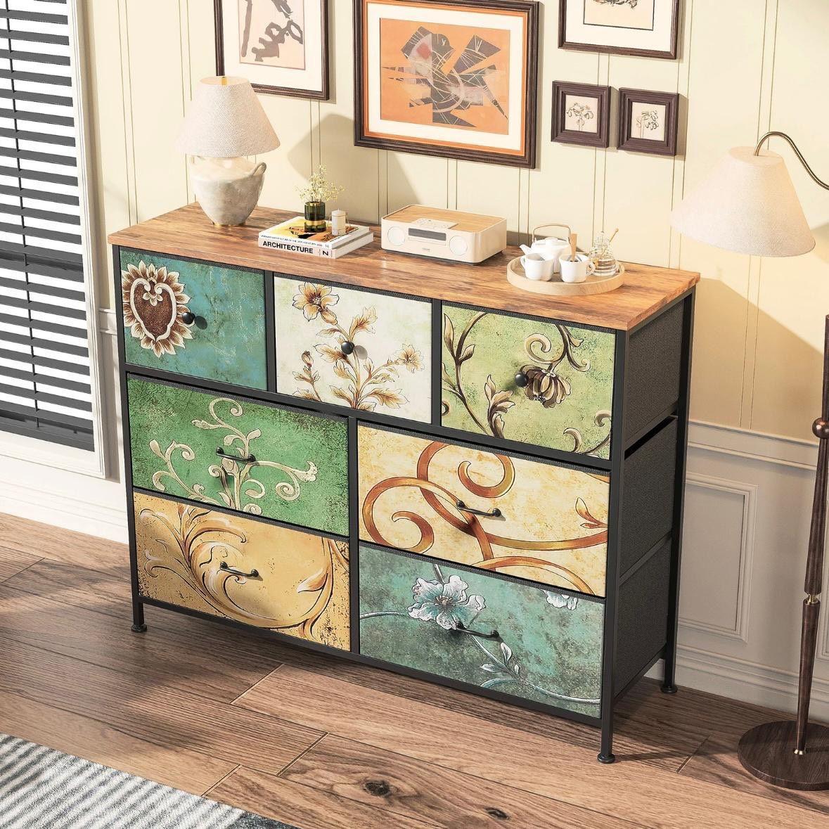 Kommode mit 7 Schubladen im Vintage-Design Stoffoptik & Metallrahmen