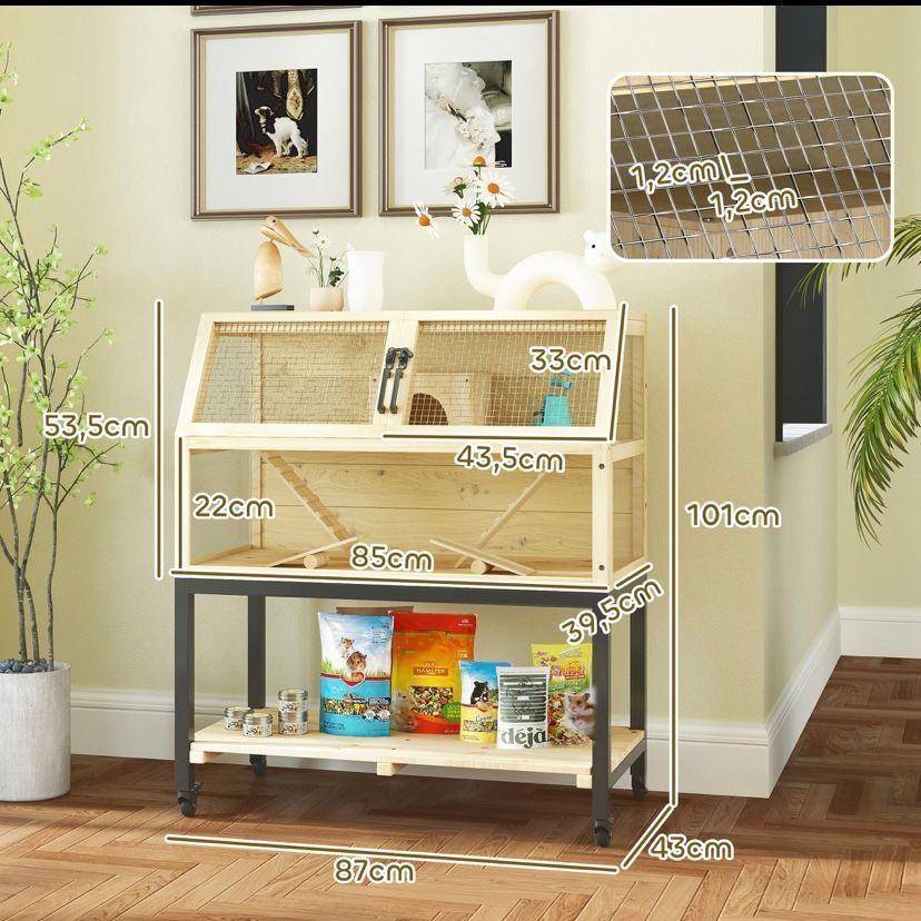 Hamsterkäfig Holz 2 Ebenen Kleintierkäfig mit Rollen Zubehör