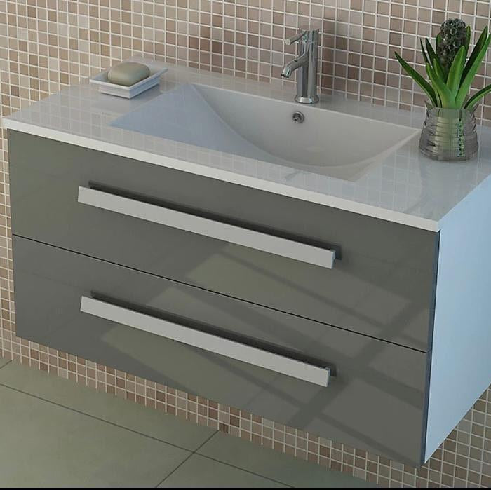 Badset Hochglanz Grau Waschtisch mit Keramik Waschbecken