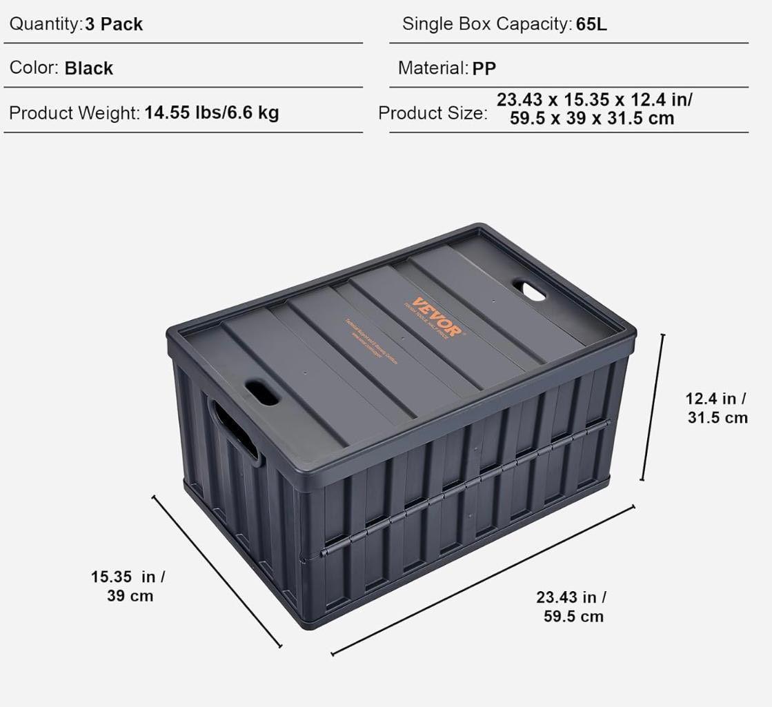 3x Faltbare Aufbewahrungsbox 65L robust & platzsparend