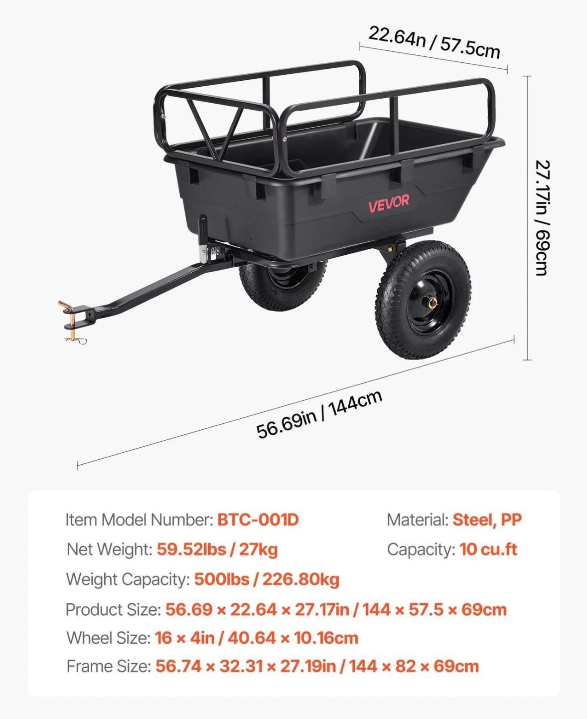 Kippanhänger ATV Rasentraktor 283L 226kg Hofanhänger mit Kippfunktion