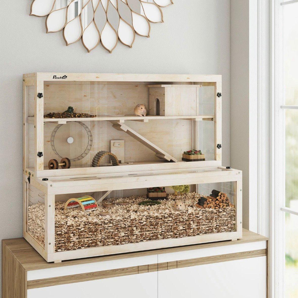 Hamsterkäfig Holz 3 Ebenen Kleintierkäfig mit Laufrad