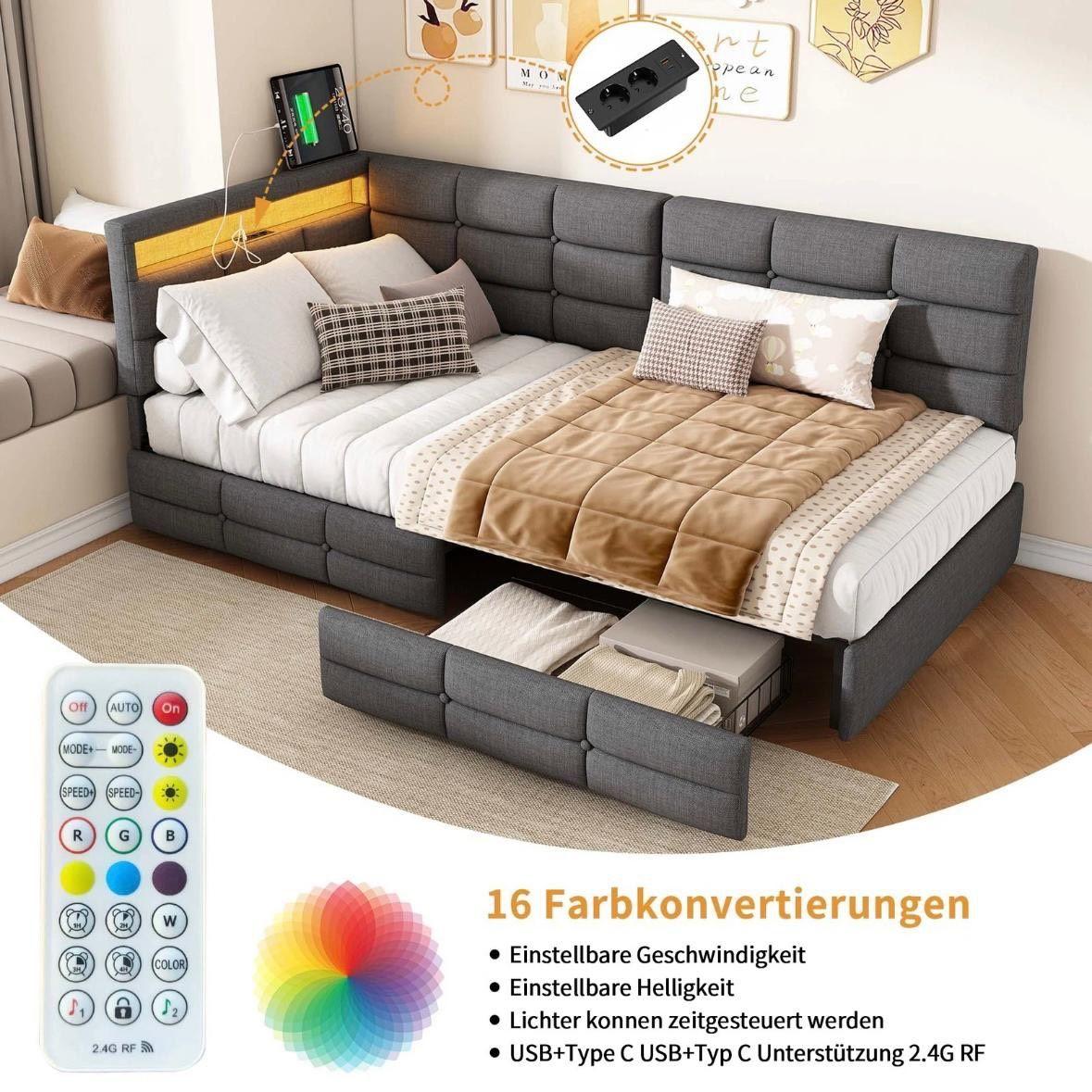 Polsterbett Grau mit LED USB & Schubladen 90x200cm