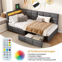 Polsterbett Grau mit LED USB & Schubladen 90x200cm