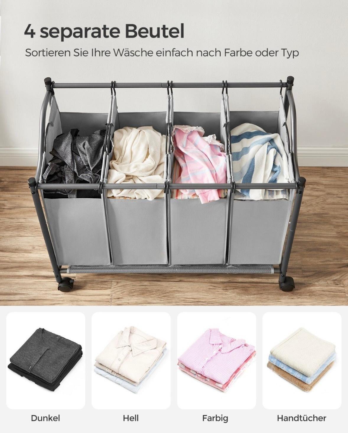 Wäschewagen mit 4 Fächern 140L Wäschesammler faltbare Wäschesäcke