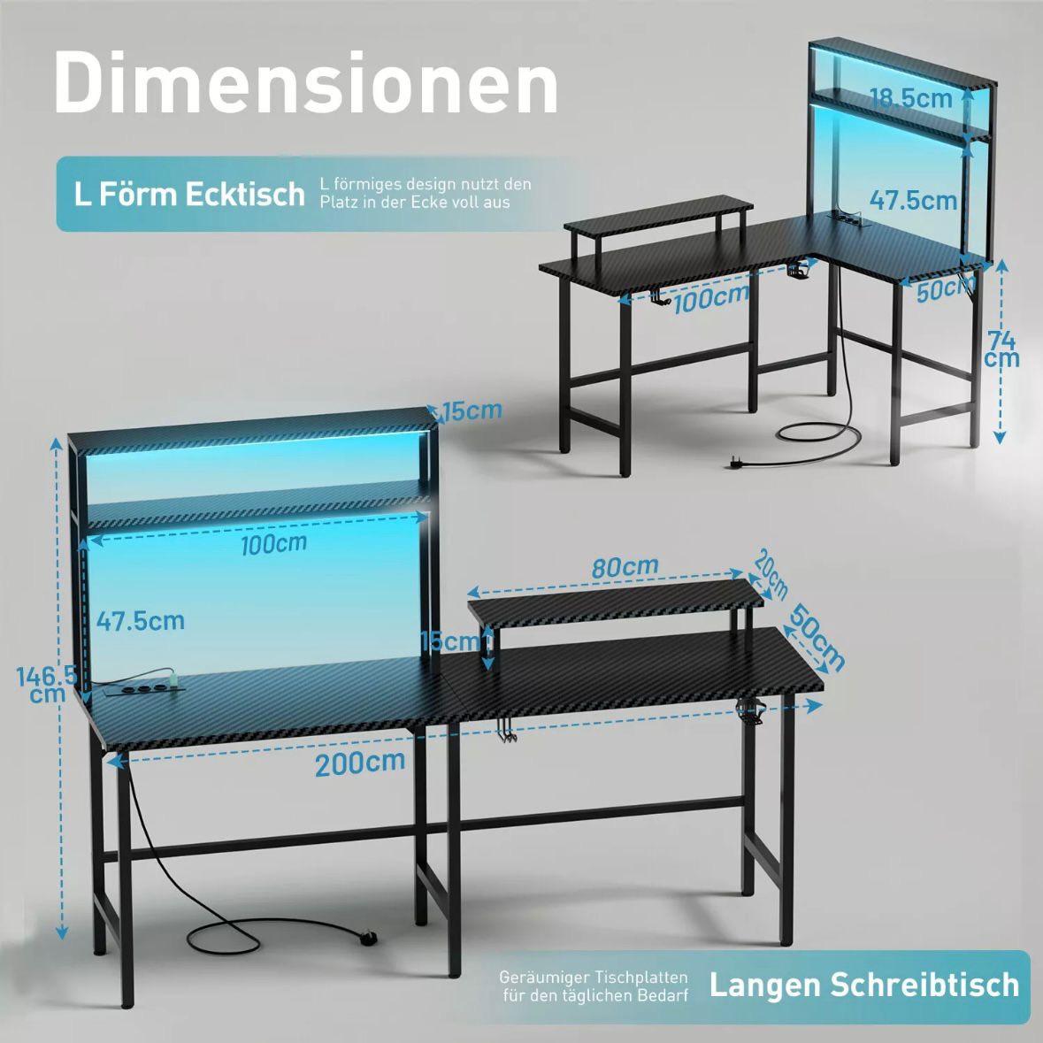 Gaming Schreibtisch L Form LED Steckdose