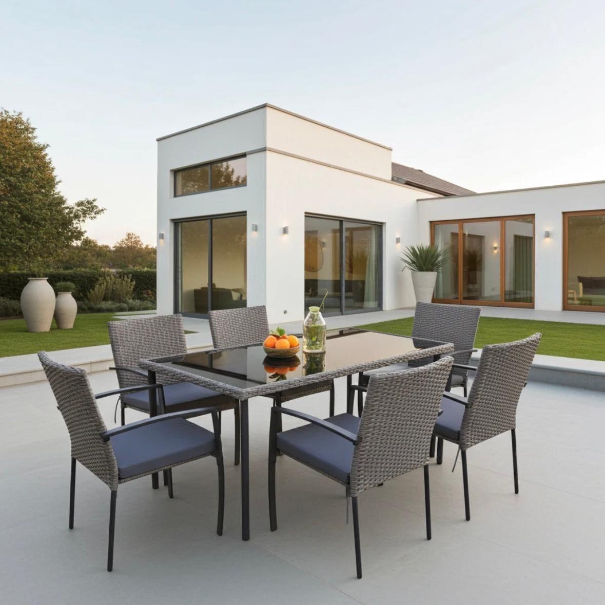 Gartenmöbel Essgruppe 6 Personen Polyrattan inkl. Tisch & Kissen