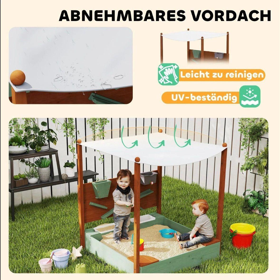 Sandkasten aus Holz mit Sonnendach & Zubehör