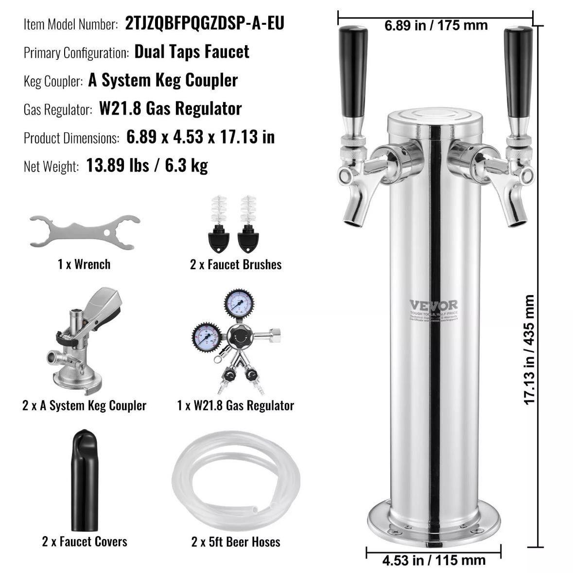 Doppelhahn Kegerator Bierturm Edelstahl mit Zubehör & Druckregler
