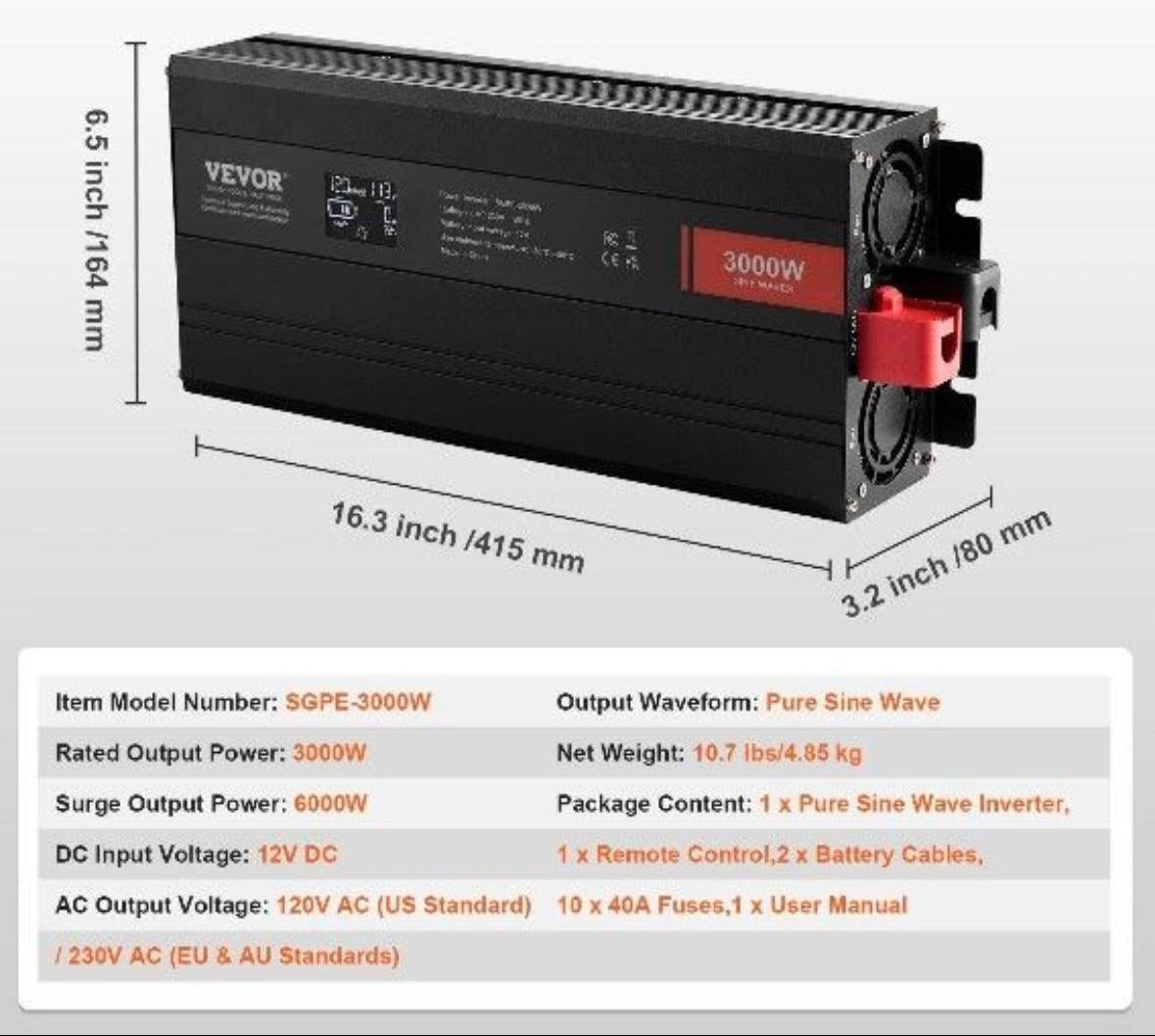 3000W Sinus Wechselrichter 12V auf 230V  Spannungswandler