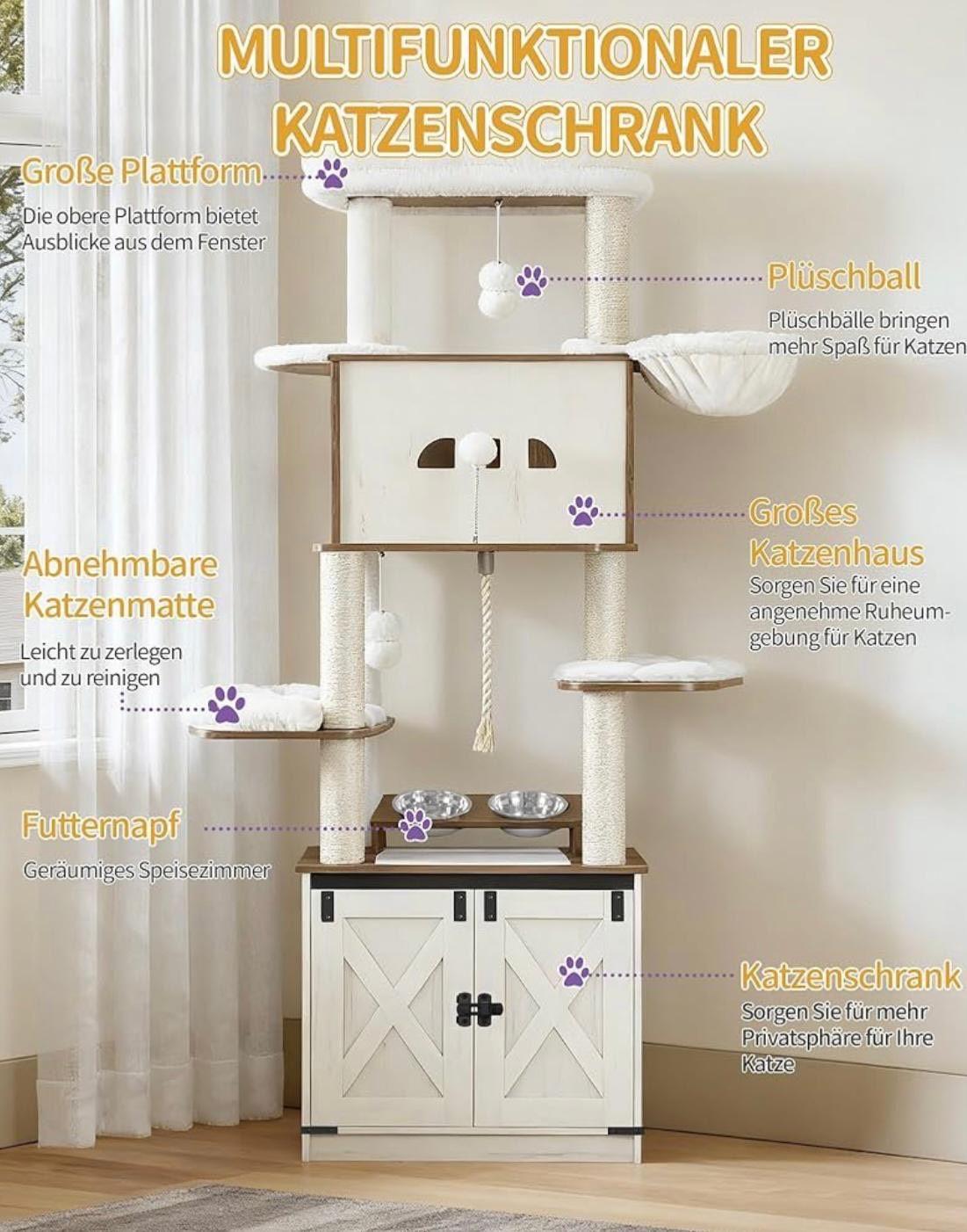 Kratzbaum mit Katzenschrank & Futterstation 173cm