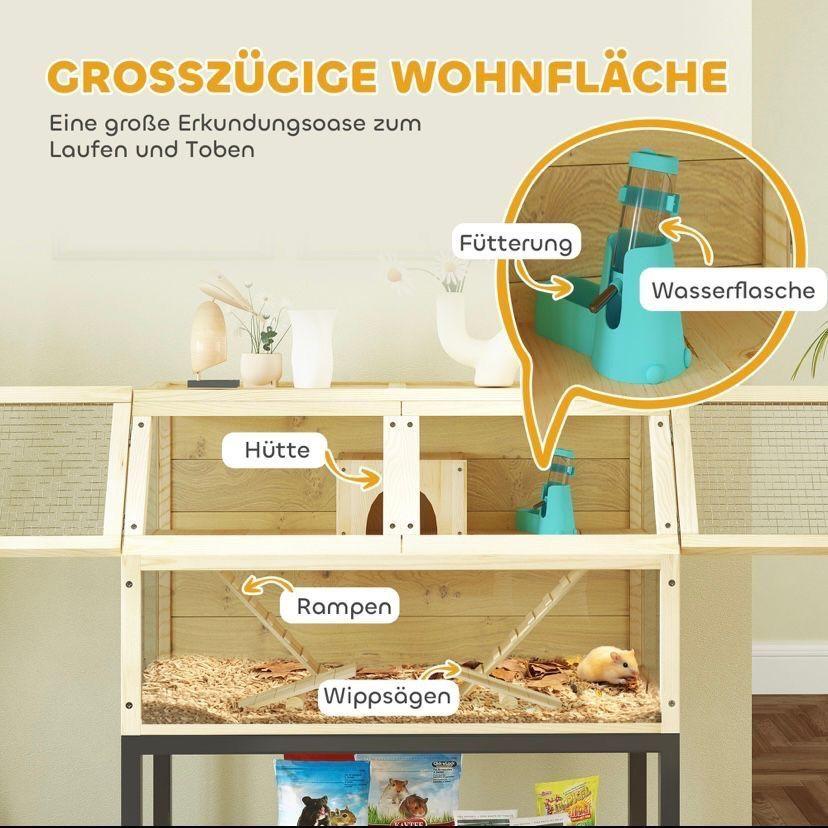 Hamsterkäfig Holz 2 Ebenen Kleintierkäfig mit Rollen Zubehör