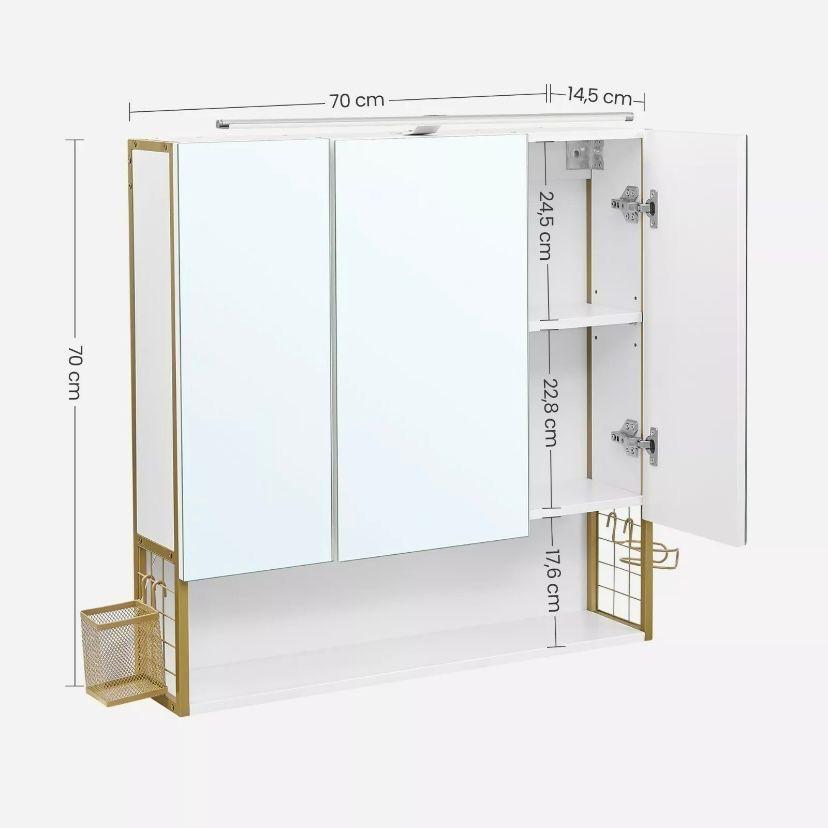 Badschrank mit LED & Spiegel Weiß Gold Wandschrank Badezimmer mit Stauraum
