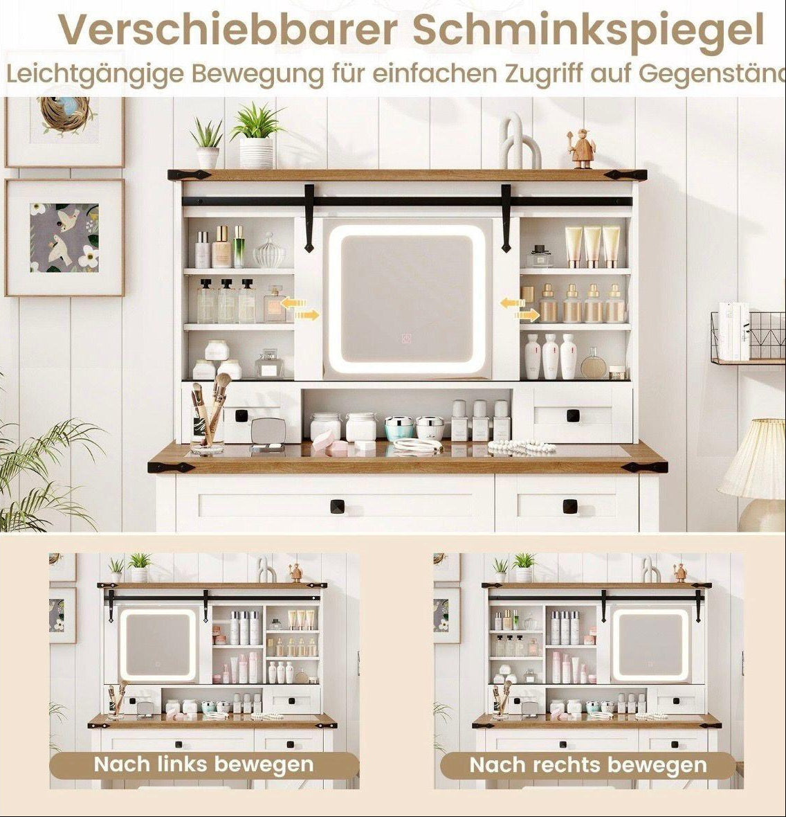 Schminktisch LED Spiegel Frisiertisch mit Hocker Weiß